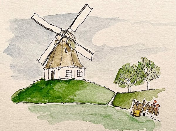 Aquarell mit Mühle