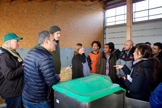 Willkommenslotsin Britta Küper (li.), Henrik Andresen von Hof Backensholz (3.v.li.), Hilke Holthuis vom Team Migration des Sozialzentrums Husum und Umland mit Jobcenter